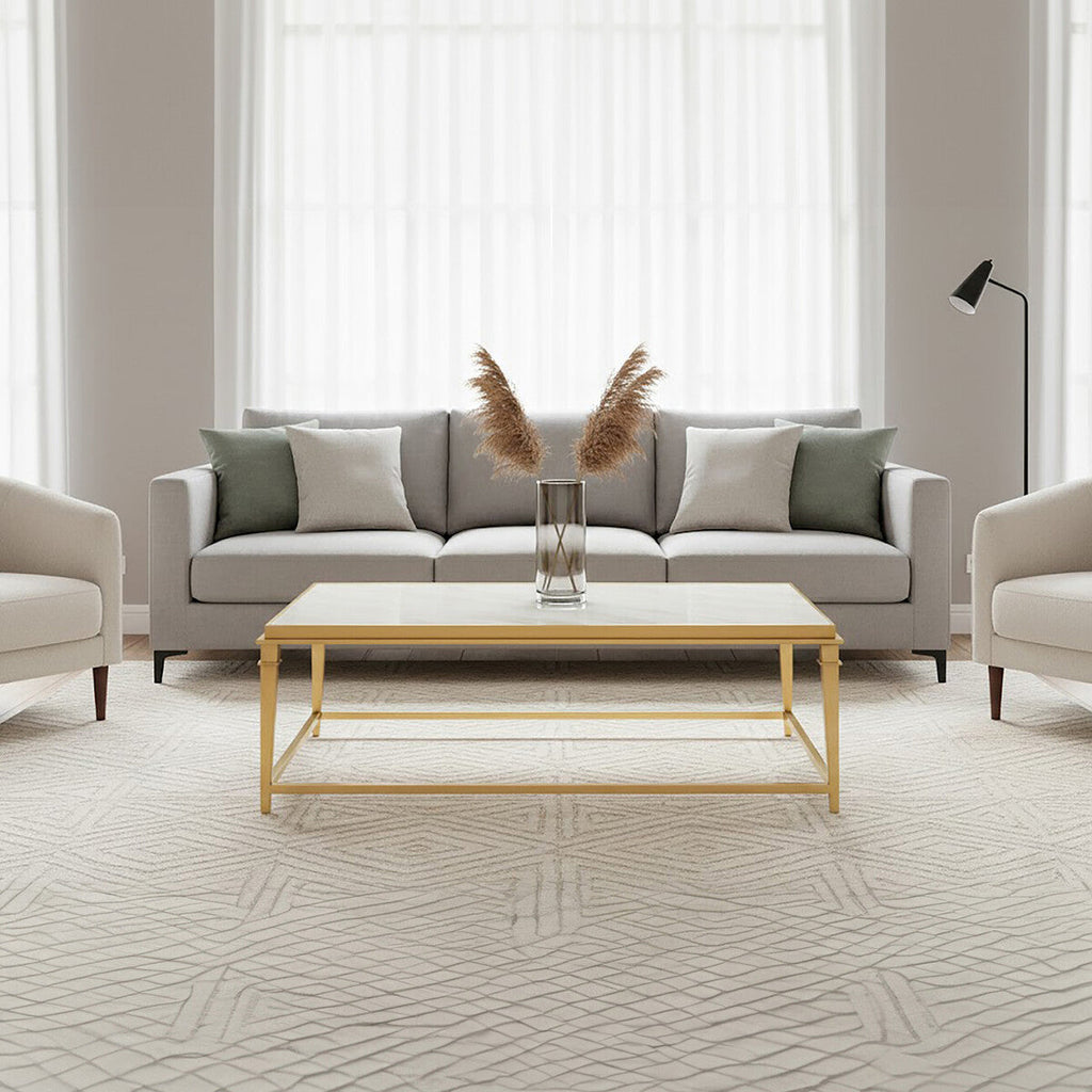 Rectangular White Marble Coffee Table with Warm Gold Frame