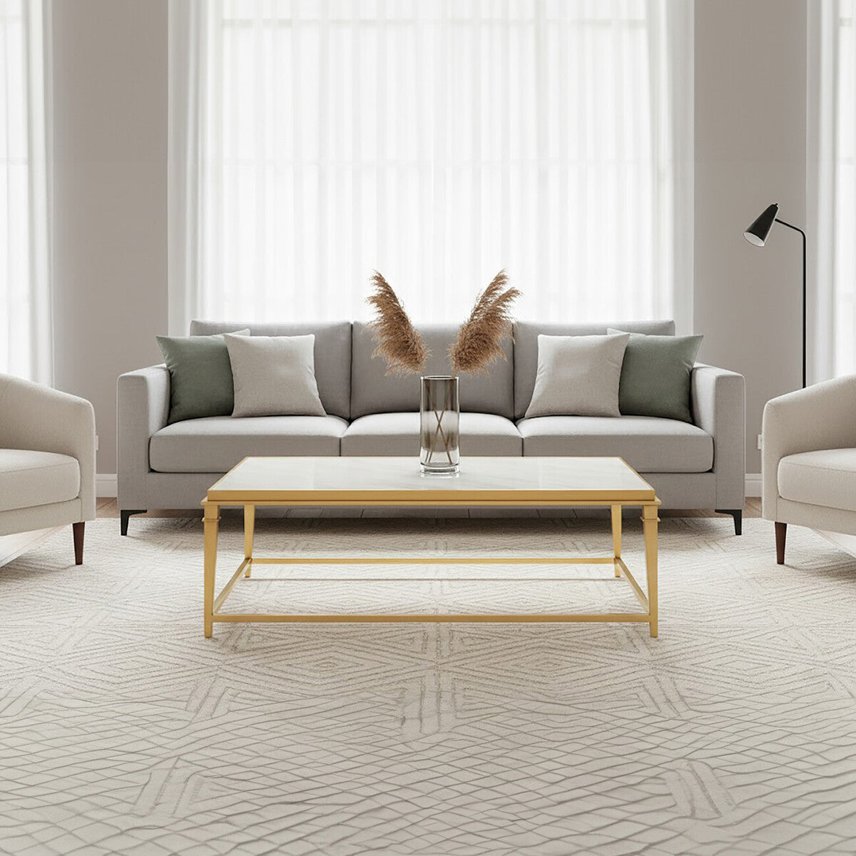 Rectangular White Marble Coffee Table with Warm Gold Frame