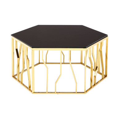 Gold Hexagonal Coffee Table with Black Glass Top
