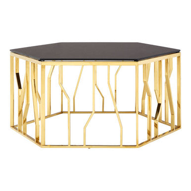 Gold Hexagonal Coffee Table with Black Glass Top
