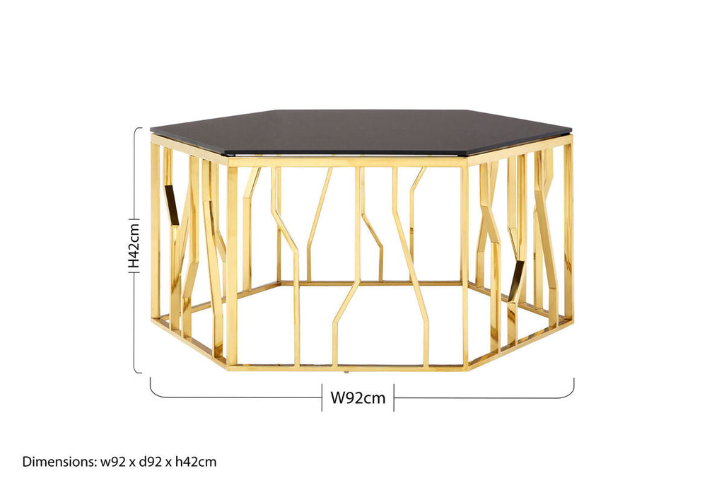 Gold Hexagonal Coffee Table with Black Glass Top