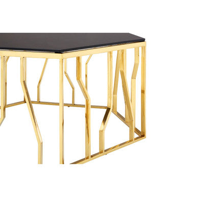 Gold Hexagonal Coffee Table with Black Glass Top