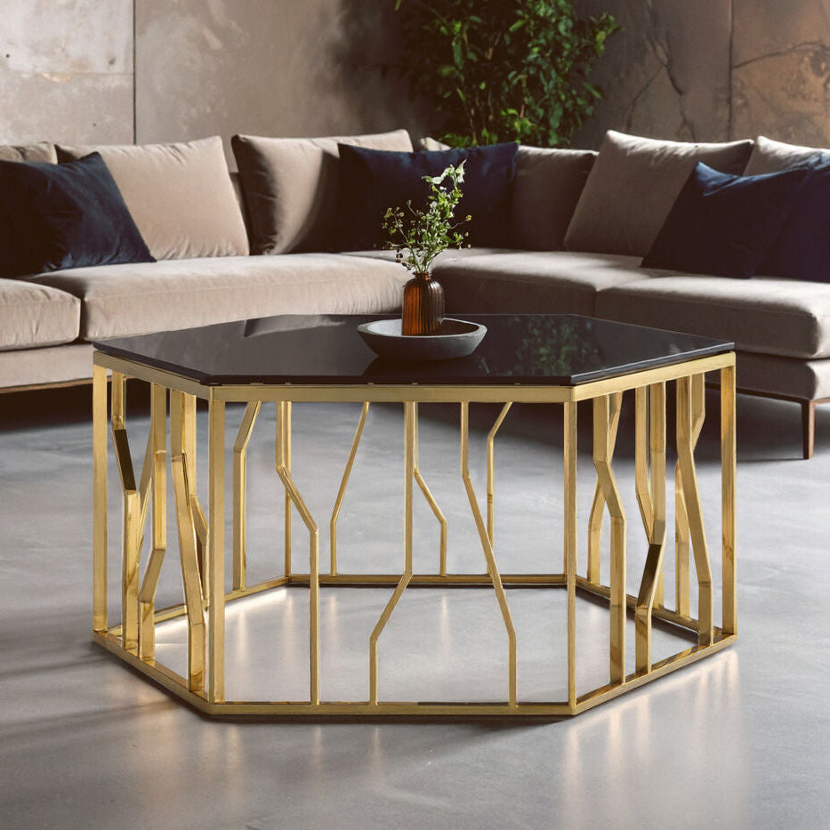 Gold Hexagonal Coffee Table with Black Glass Top