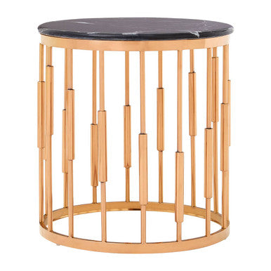 Round Rose Gold Copper Side Table with Black Marble Top