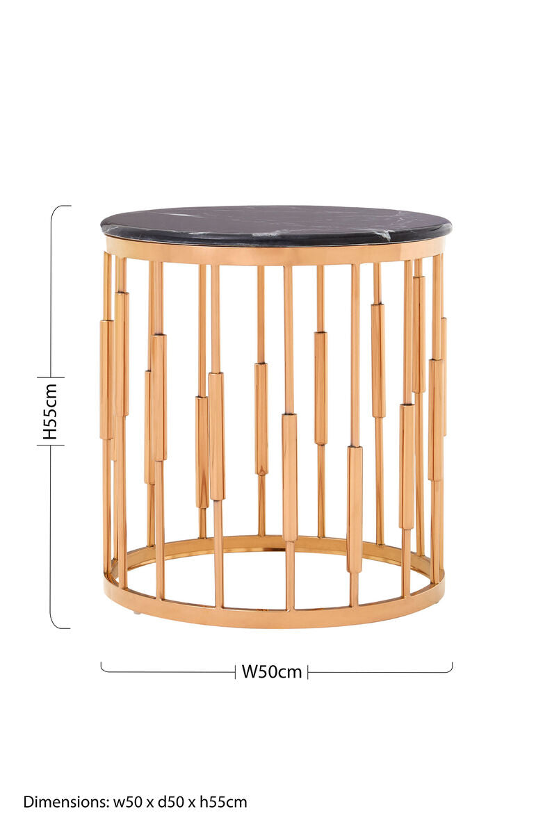 Round Rose Gold Copper Side Table with Black Marble Top