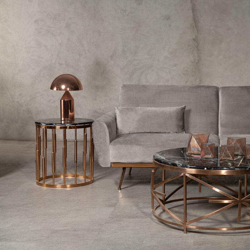Round Rose Gold Copper Side Table with Black Marble Top