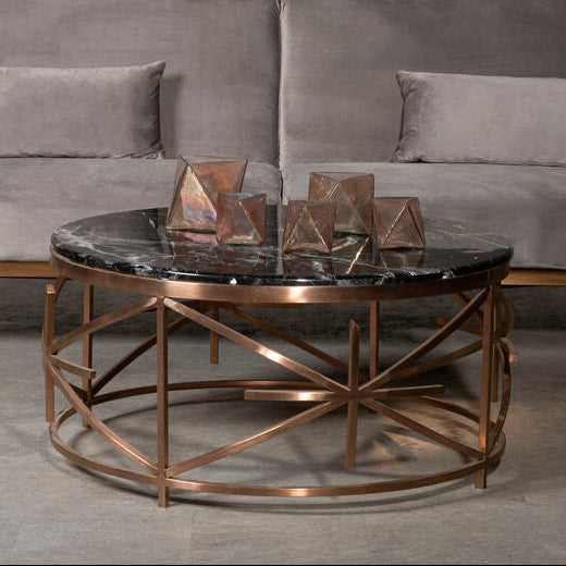Round Black Marble Coffee Table with Rose Gold Pipe Frame