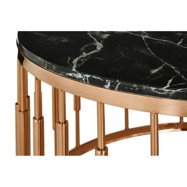 Round Black Marble Coffee Table with Rose Gold Pipe Frame