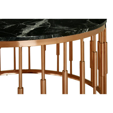 Round Black Marble Coffee Table with Rose Gold Pipe Frame