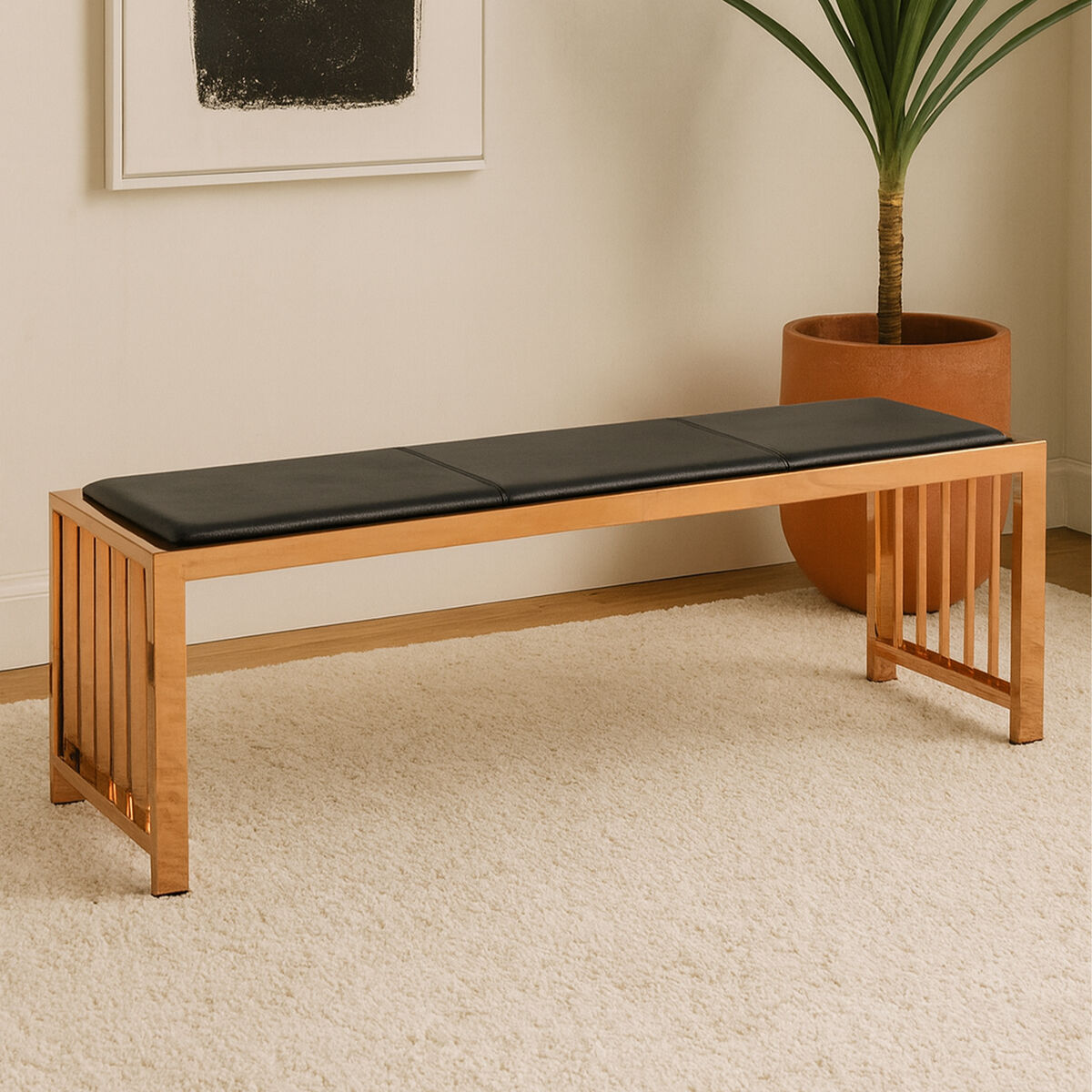 Black Leather Bench with Rose Gold Frame