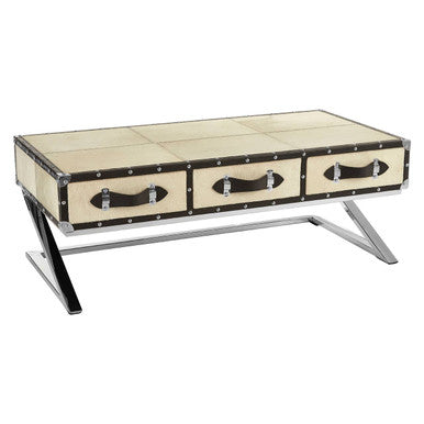 Mango Wood Three Drawer Coffee Table with Leather Handles Black Trim and Studs