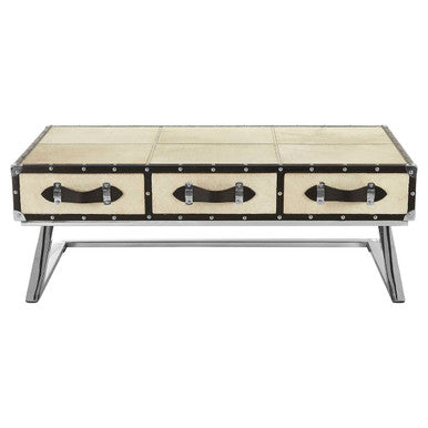Mango Wood Three Drawer Coffee Table with Leather Handles Black Trim and Studs