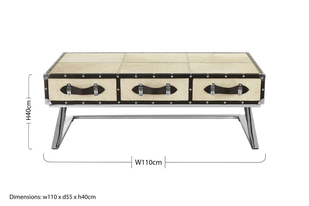 Mango Wood Three Drawer Coffee Table with Leather Handles Black Trim and Studs