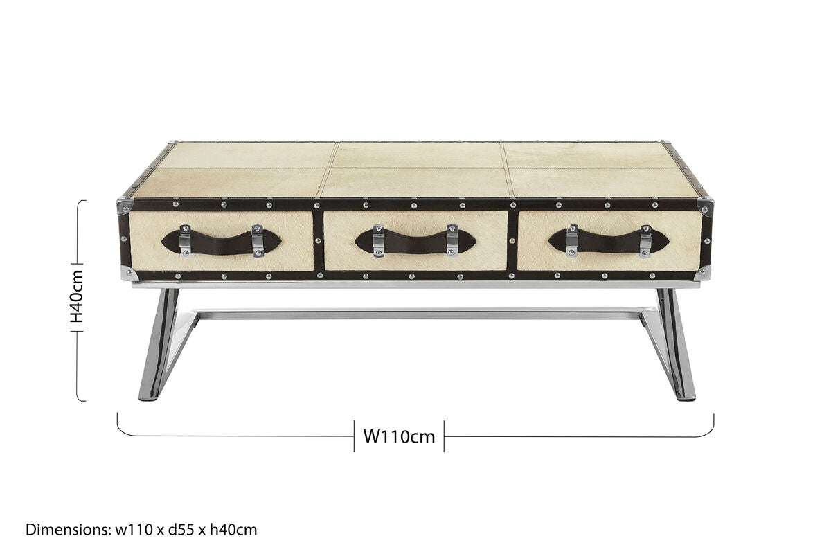 Mango Wood Three Drawer Coffee Table with Leather Handles Black Trim and Studs