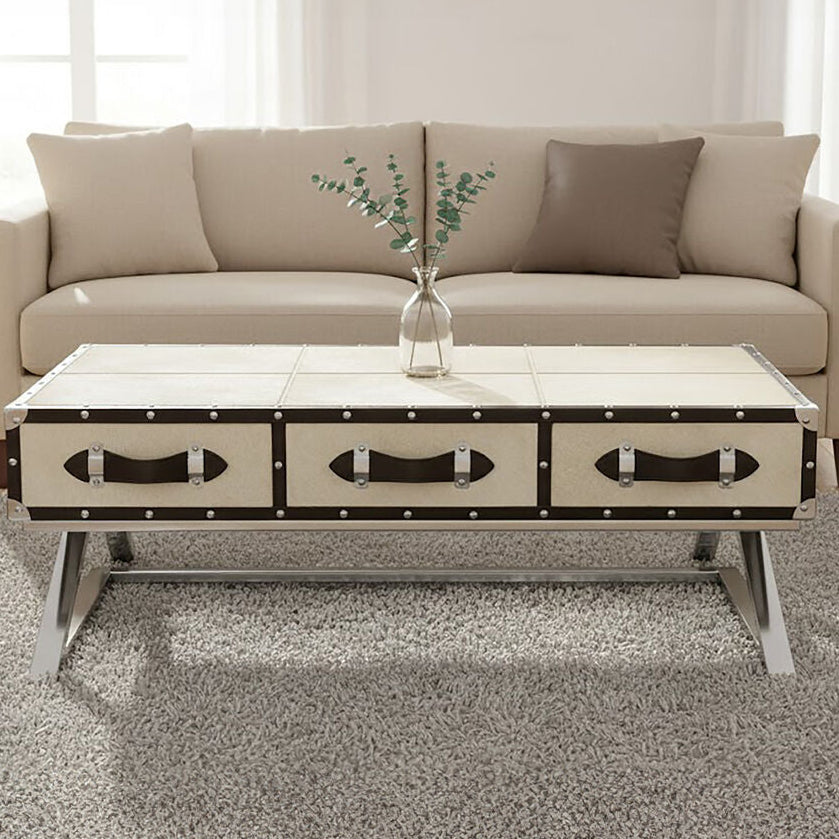 Mango Wood Three Drawer Coffee Table with Leather Handles Black Trim and Studs