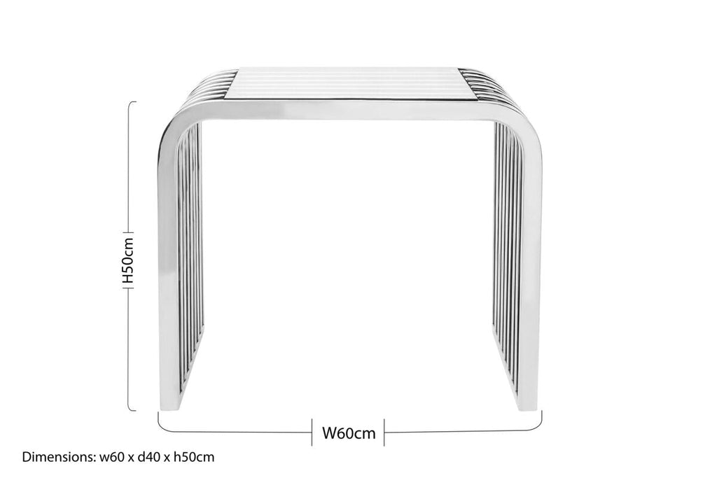 Silver Polished Stainless Steel Slatted End Table with Curved Shoulders