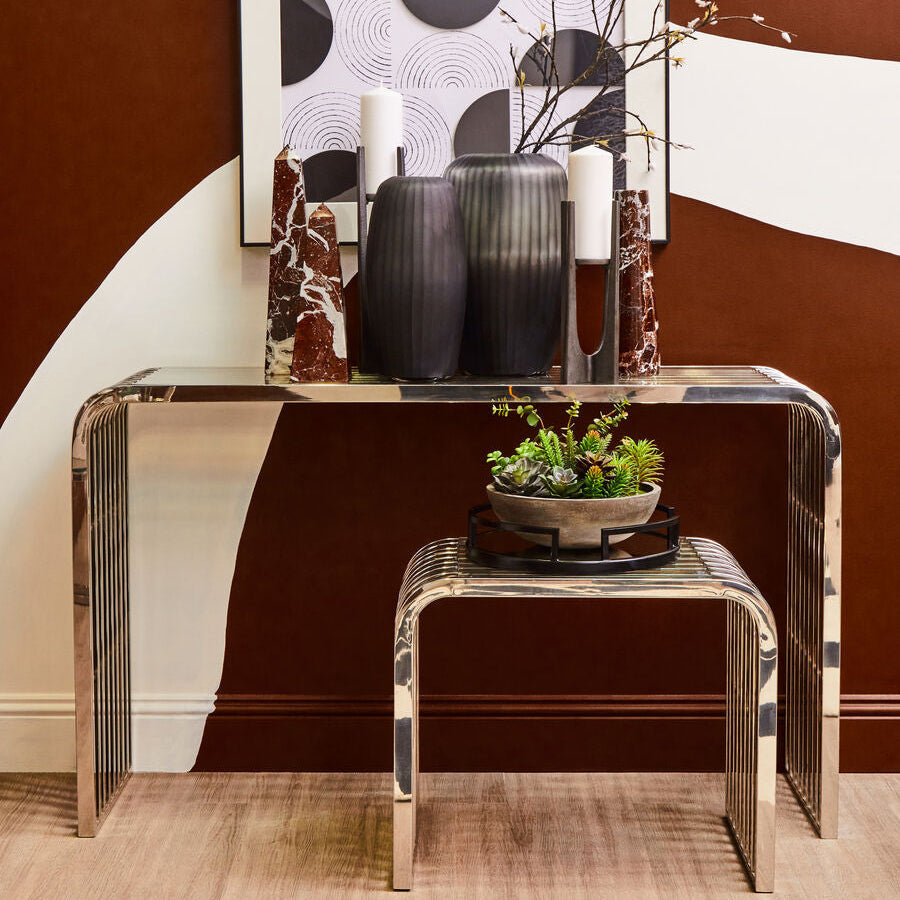 Silver Polished Stainless Steel Slatted End Table with Curved Shoulders