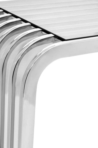 Silver Polished Stainless Steel Slatted End Table with Curved Shoulders