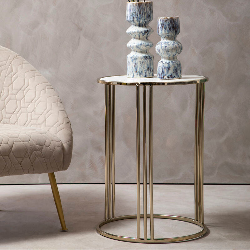White Marble Round Side Table with Gold Steel Base