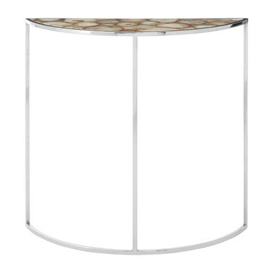 Half Moon Console Table with White Agate Stone Top and Silver Steel Frame