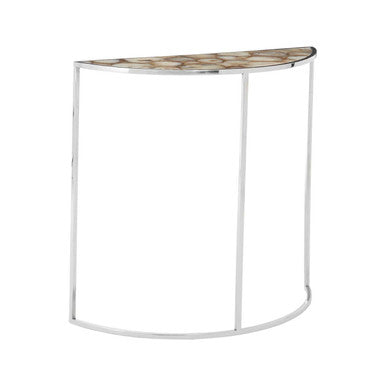 Half Moon Console Table with White Agate Stone Top and Silver Steel Frame