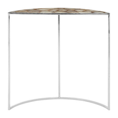 Half Moon Console Table with White Agate Stone Top and Silver Steel Frame