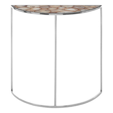 Half Moon Console Table with White Agate Stone Top and Silver Steel Frame