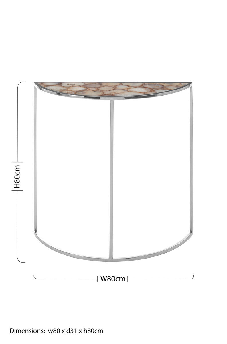 Half Moon Console Table with White Agate Stone Top and Silver Steel Frame