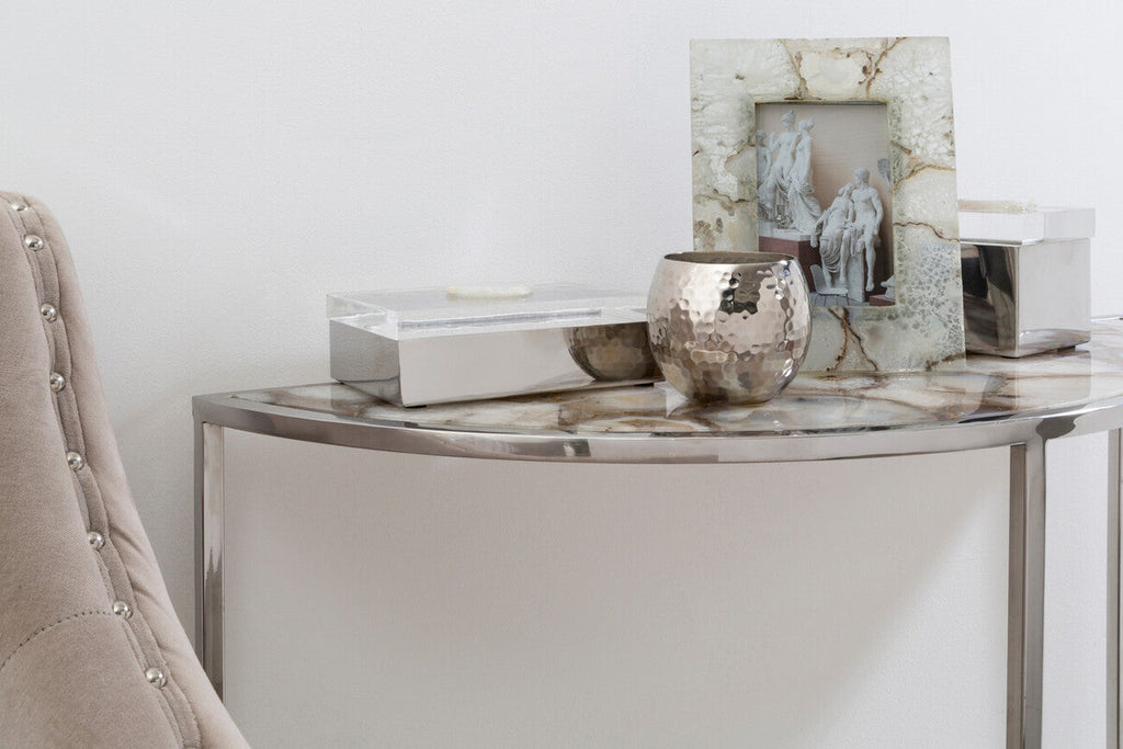 Half Moon Console Table with White Agate Stone Top and Silver Steel Frame