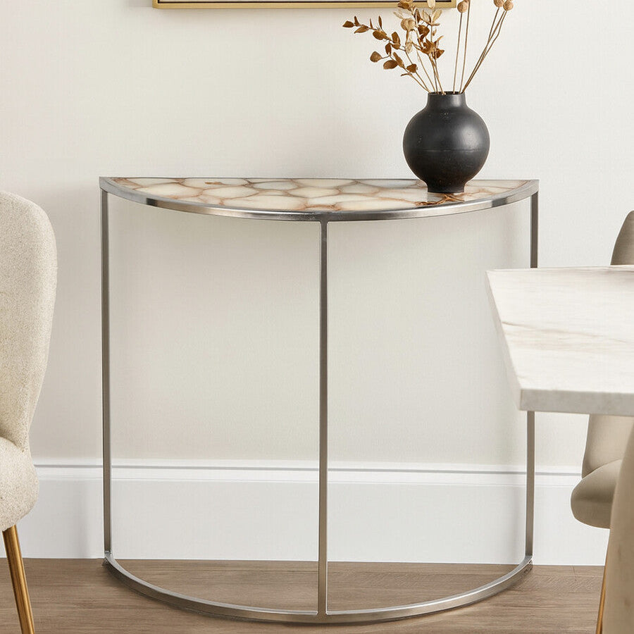 Half Moon Console Table with White Agate Stone Top and Silver Steel Frame