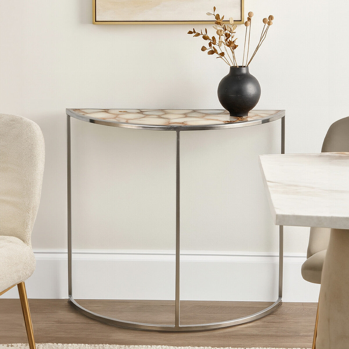 Half Moon Console Table with White Agate Stone Top and Silver Steel Frame
