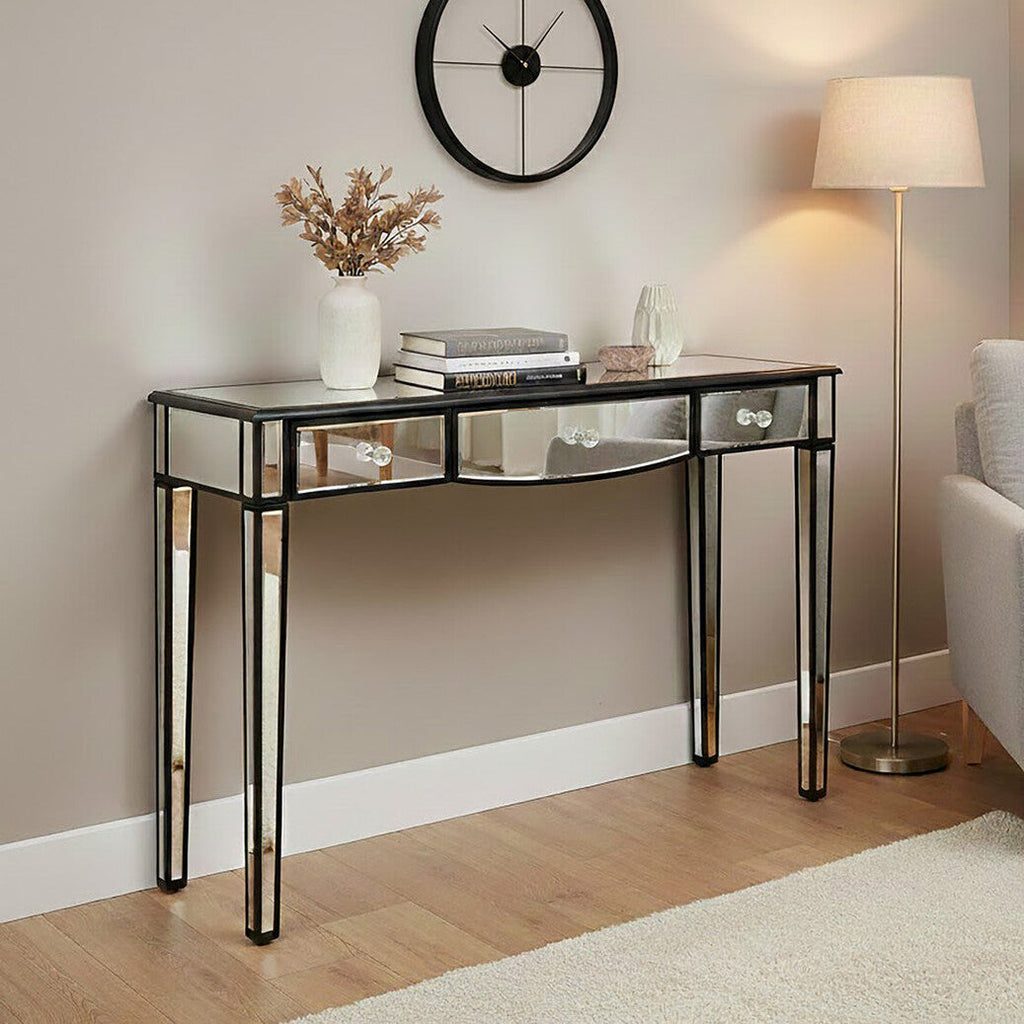 Mirrored White Wooden Console Table with 3 Drawers and Black Trim