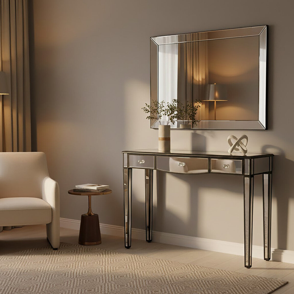 Mirrored White Wooden Console Table with 3 Drawers and Black Trim