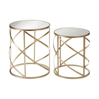 Set of 2 Gold Champagne Swirl Frame Side Tables with Mirrored Glass Tops