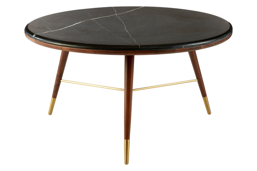 Dark Grey Marble Round Coffee Table with Walnut Wood Frame and Brass Accents
