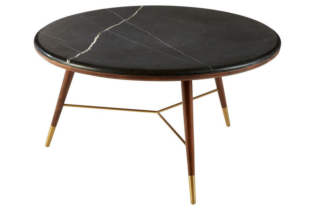 Dark Grey Marble Round Coffee Table with Walnut Wood Frame and Brass Accents