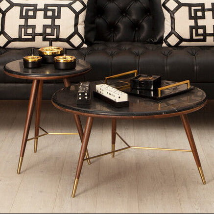 Dark Grey Marble Round Coffee Table with Walnut Wood Frame and Brass Accents