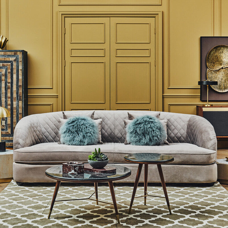 Dark Grey Marble Round Coffee Table with Walnut Wood Frame and Brass Accents