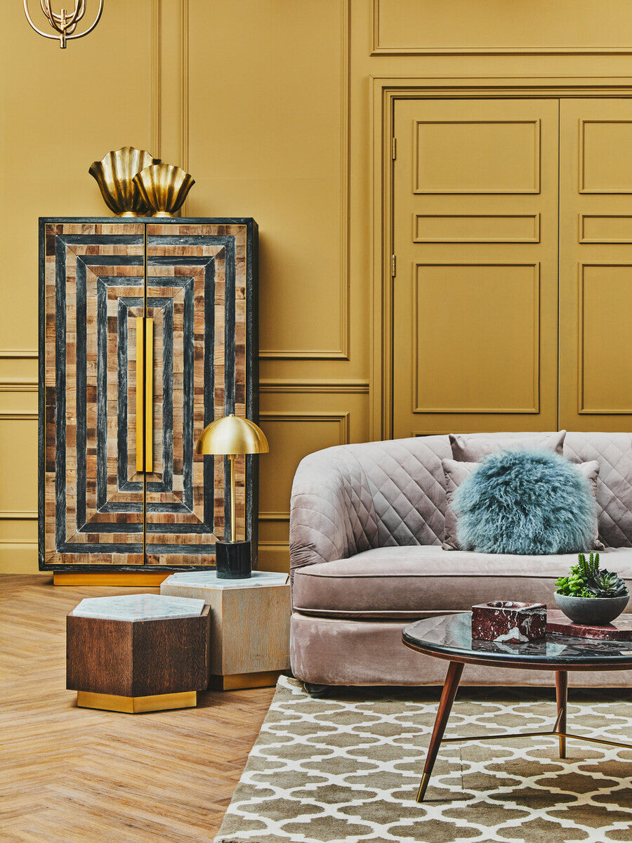 Dark Grey Marble Round Coffee Table with Walnut Wood Frame and Brass Accents