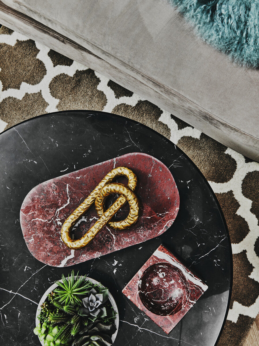 Dark Grey Marble Round Coffee Table with Walnut Wood Frame and Brass Accents