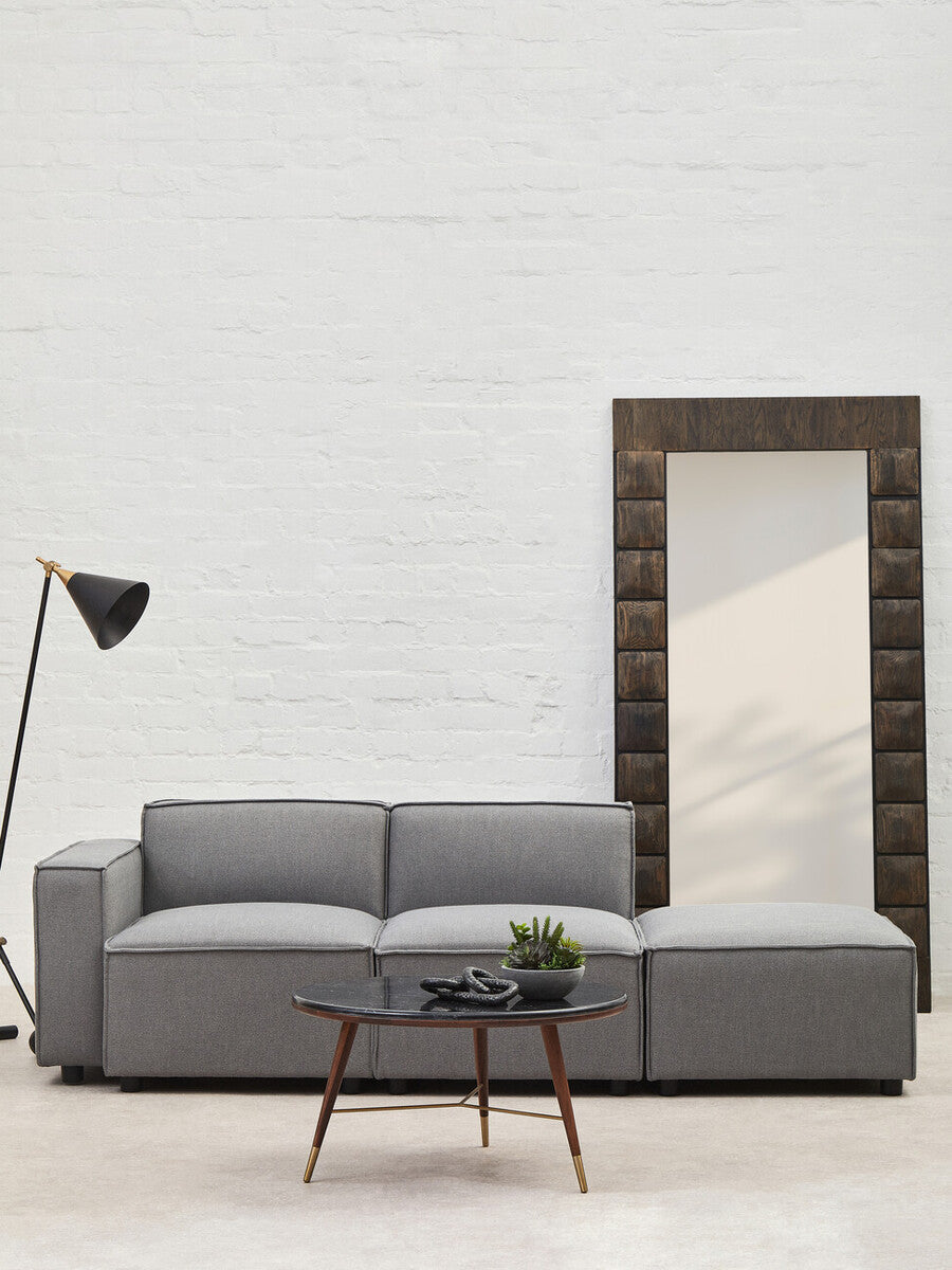 Dark Grey Marble Round Coffee Table with Walnut Wood Frame and Brass Accents