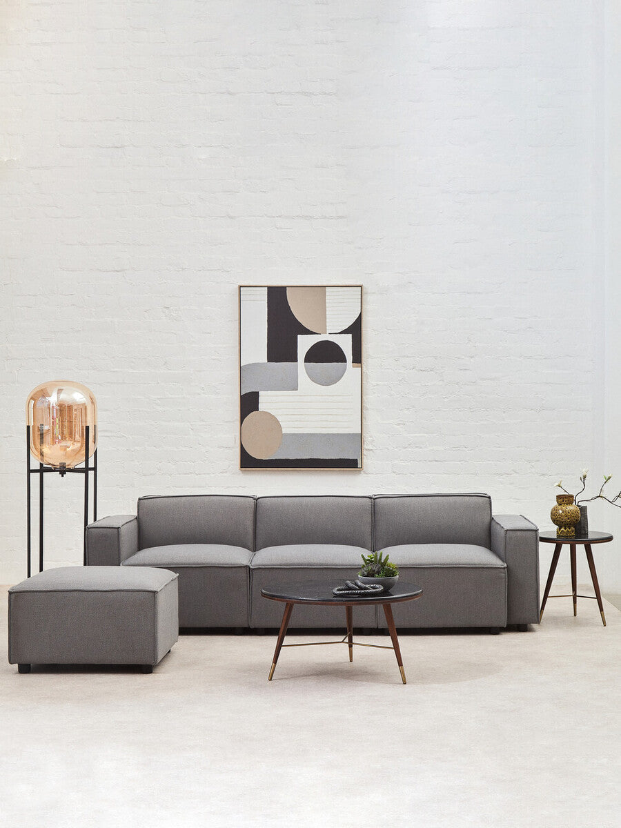 Dark Grey Marble Round Coffee Table with Walnut Wood Frame and Brass Accents