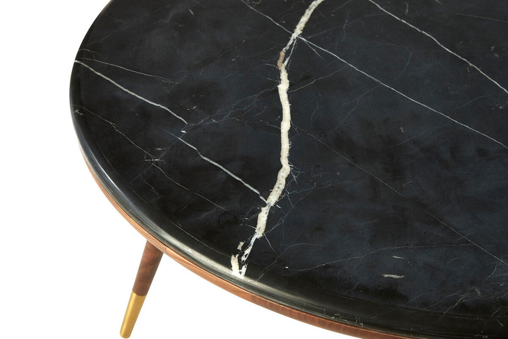 Dark Grey Marble Round Coffee Table with Walnut Wood Frame and Brass Accents