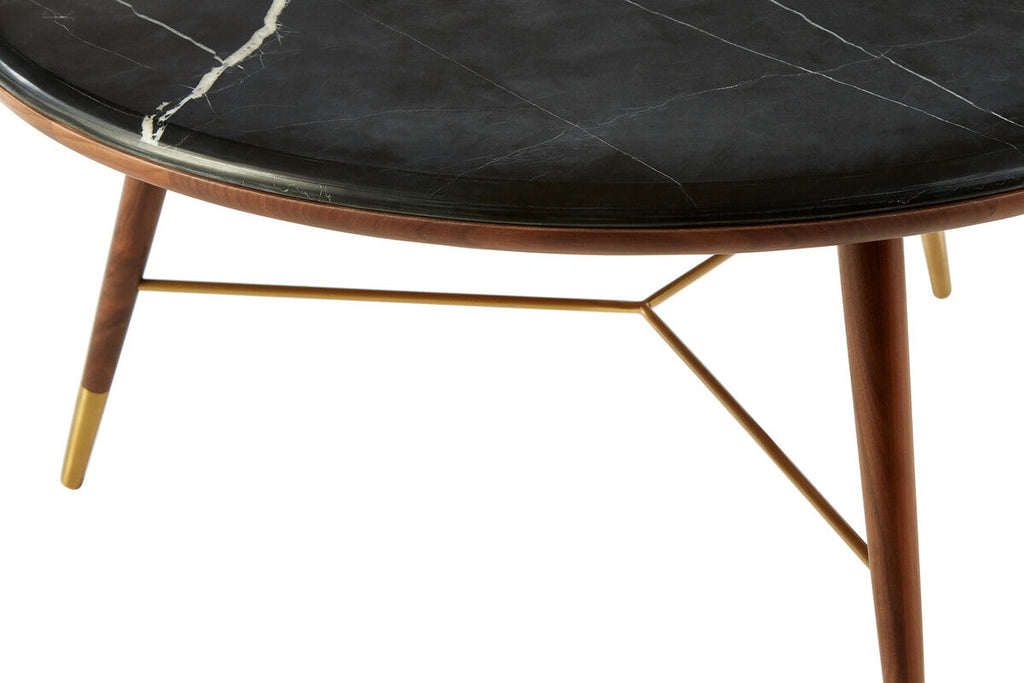 Dark Grey Marble Round Coffee Table with Walnut Wood Frame and Brass Accents