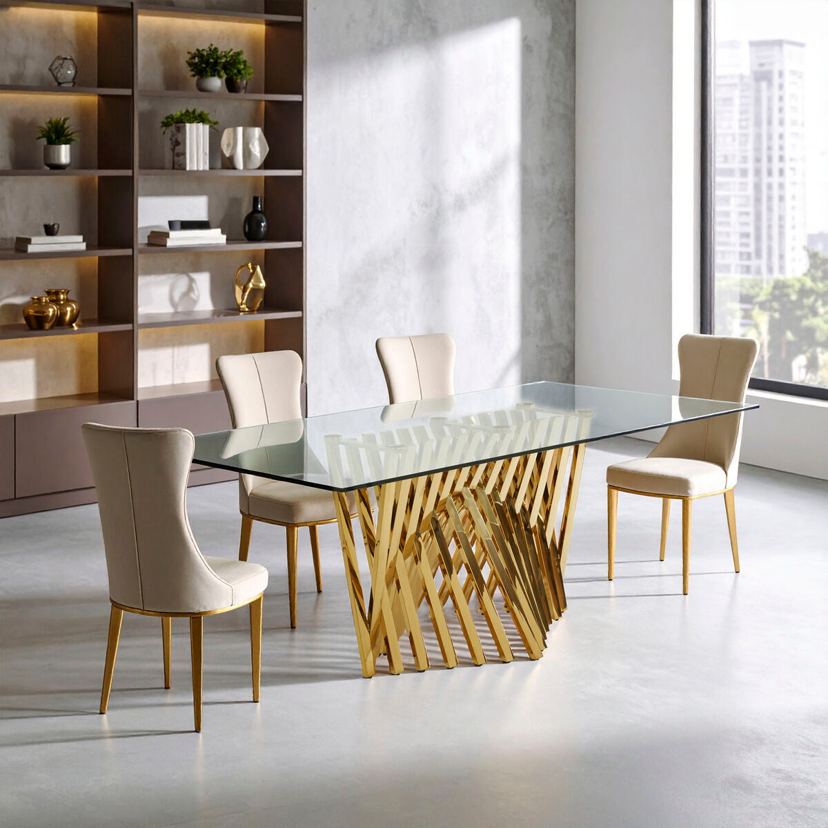 Clear Tempered Glass Dining Table with Gold Frame