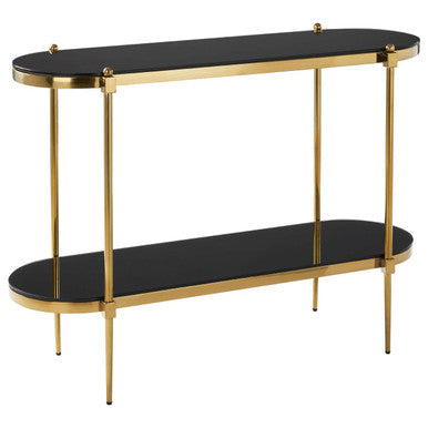 Gold Frame 2 Tier Console Table with Black Tempered Glass