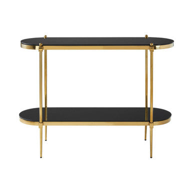 Gold Frame 2 Tier Console Table with Black Tempered Glass
