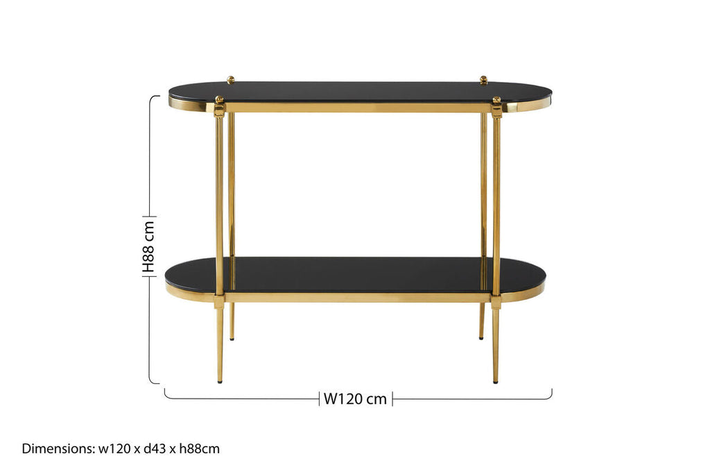 Gold Frame 2 Tier Console Table with Black Tempered Glass