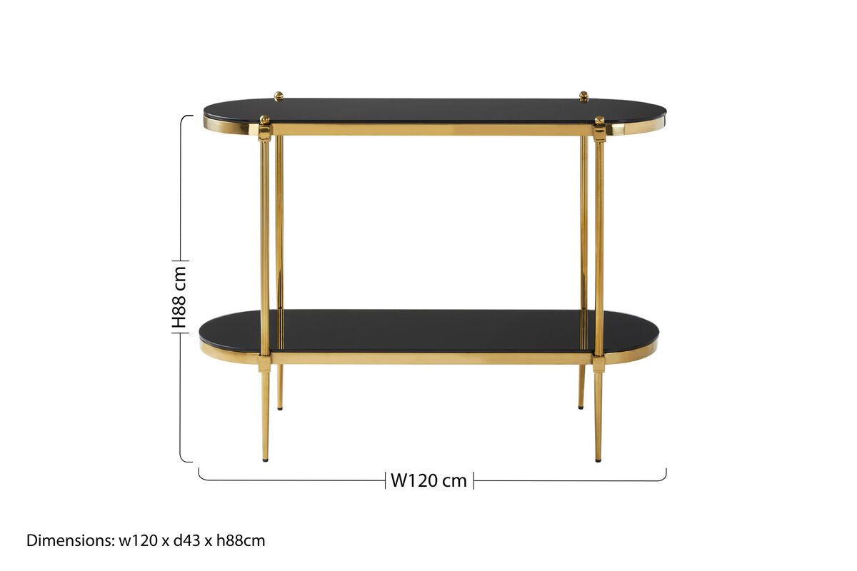 Gold Frame 2 Tier Console Table with Black Tempered Glass