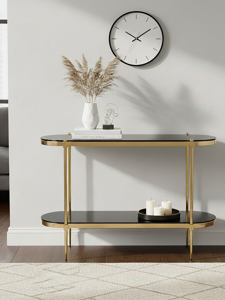 Gold Frame 2 Tier Console Table with Black Tempered Glass